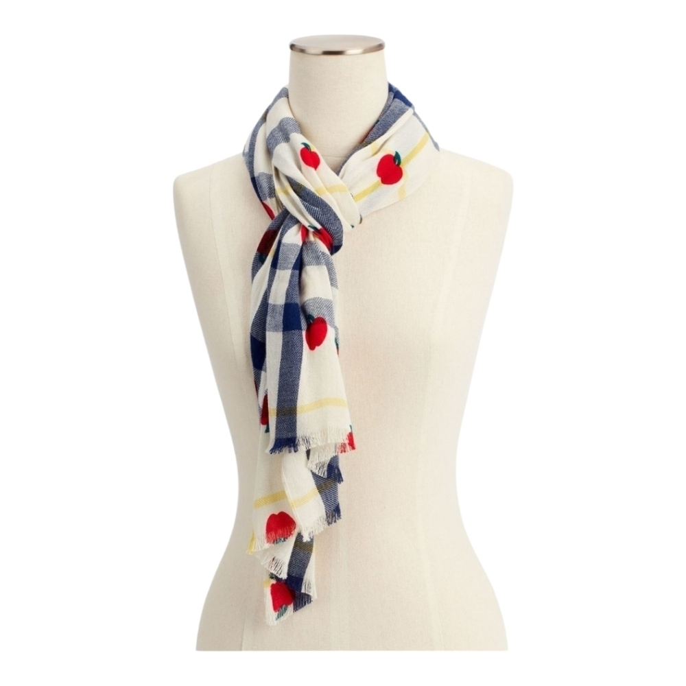 Talbots Navy and Cream Plaid Scarf with Red Apple Accents